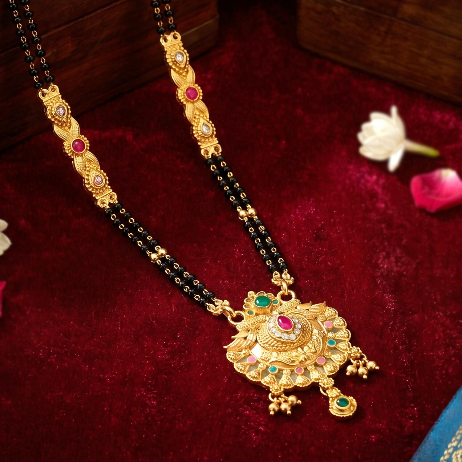 Antique Finish Lotus Peacock Fan Pendant with Multi-Petal Enamel Extra Long Double Strand Mangalsutra