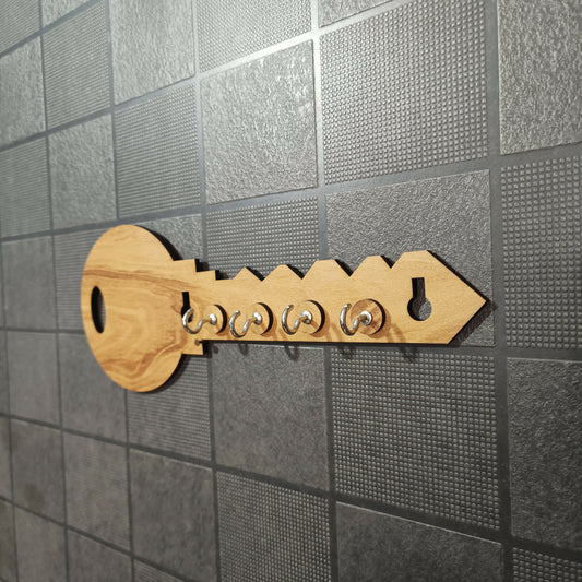 Key-shaped MDF wooden key holder for wall with 5 hooks