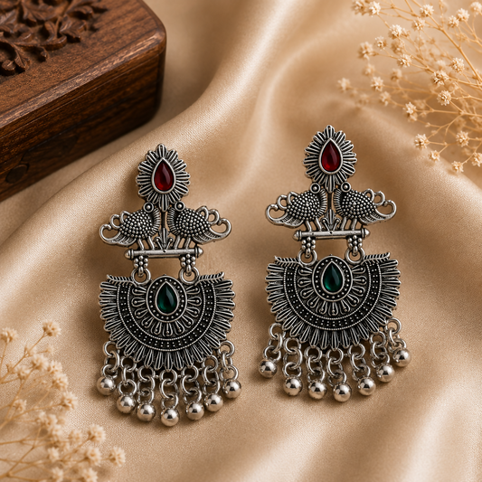Close-up of oxidised jhumka earrings with peacock design and red green stones.