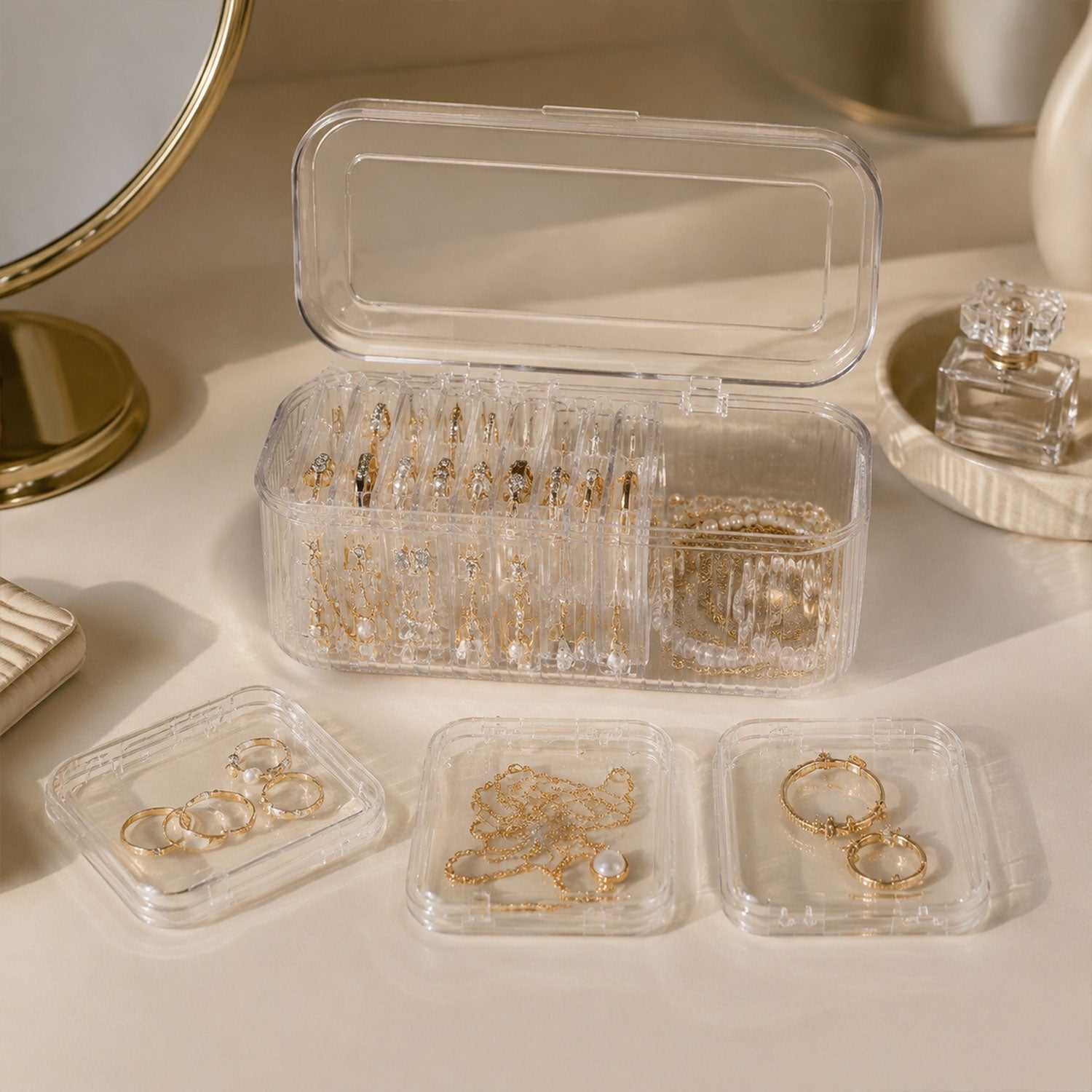 Compact acrylic jewelry storage with removable cases for jewelry organization.