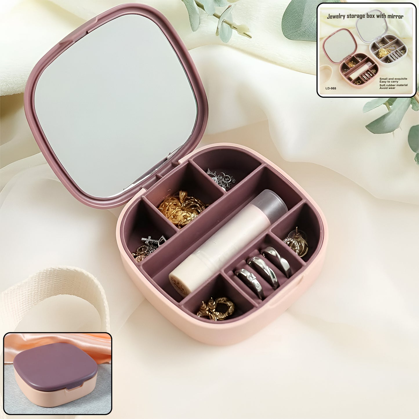 Plastic Jewelry Storage Box with Built-in Mirror & Multi-Section (1 Pc)