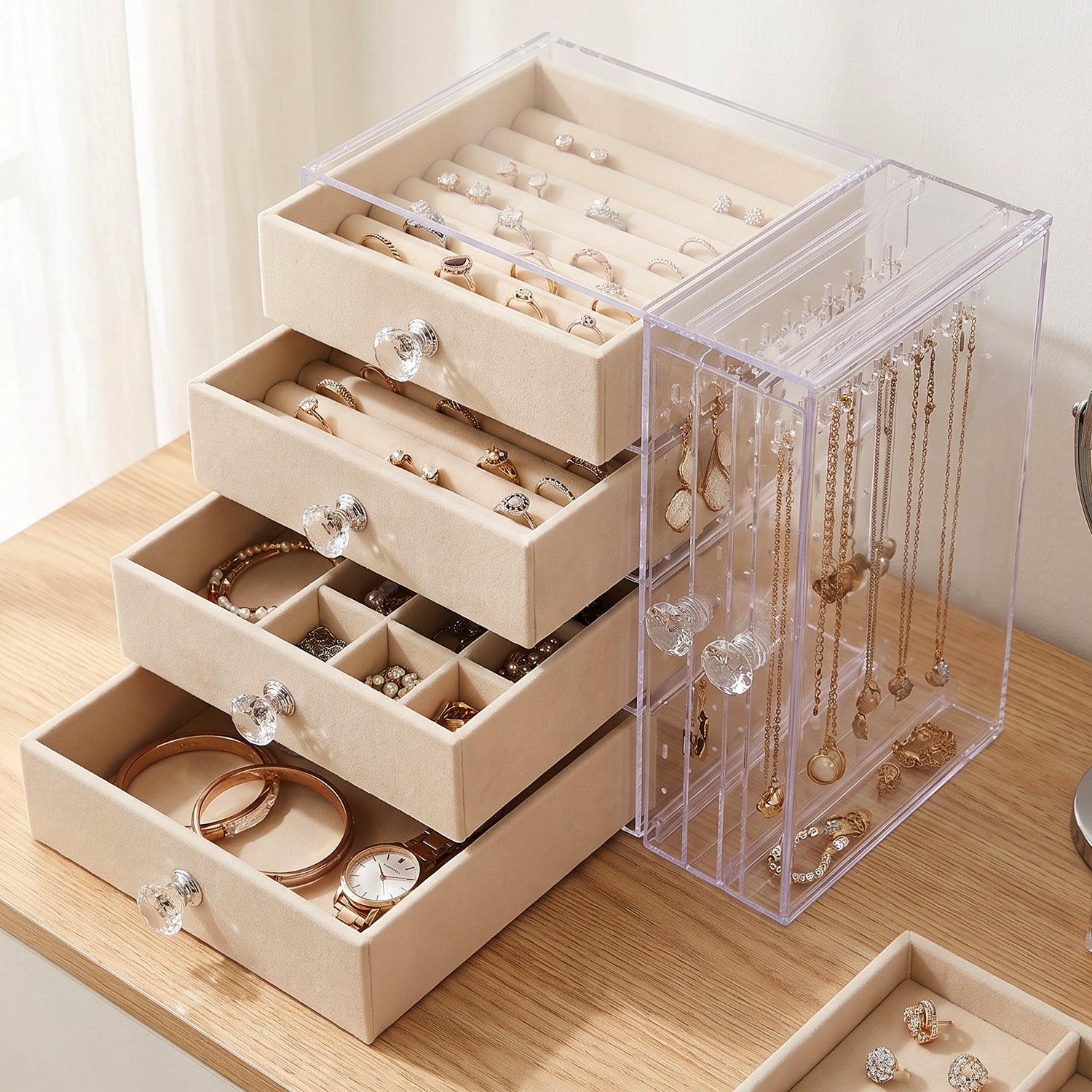 Acrylic Jewelry Organizer Box, Multi-Drawer Velvet Storage for Rings (1 Set)