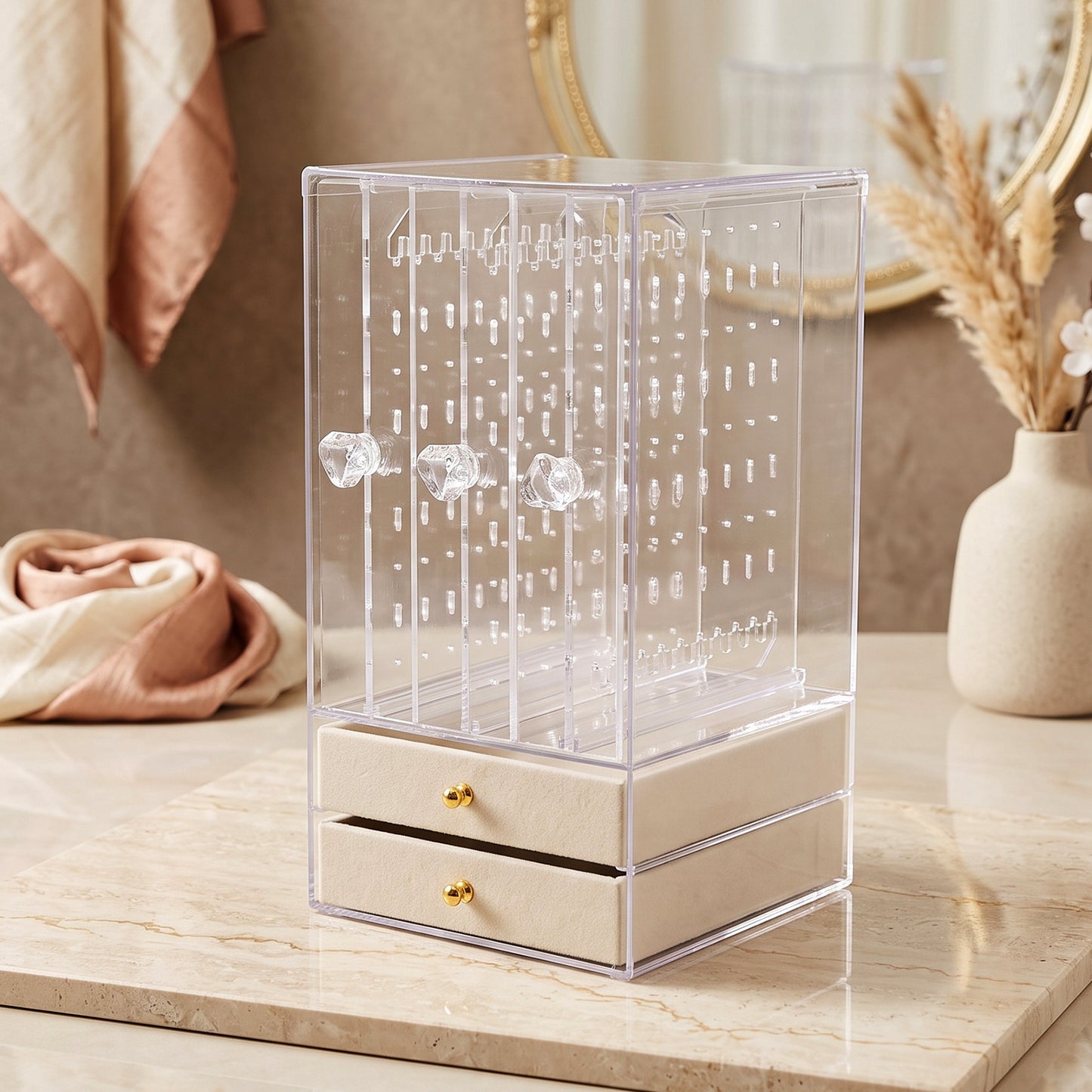 Acrylic Jewelry Organizer Box, 3 Hanging Panels and 2 Drawers for Earrings (1 Set)