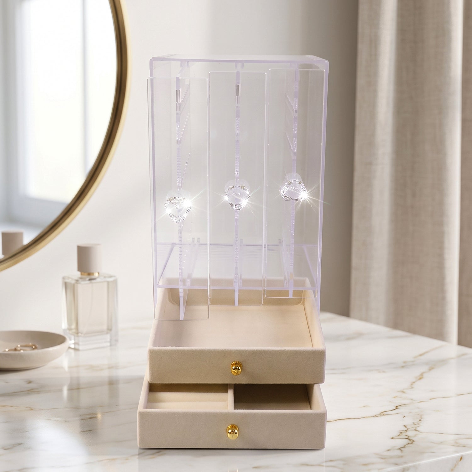 Acrylic Jewelry Organizer Box, 3 Hanging Panels and 2 Drawers for Earrings (1 Set)