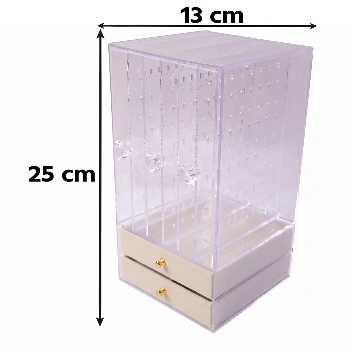 Acrylic Jewelry Organizer Box, 3 Hanging Panels and 2 Drawers for Earrings (1 Set)