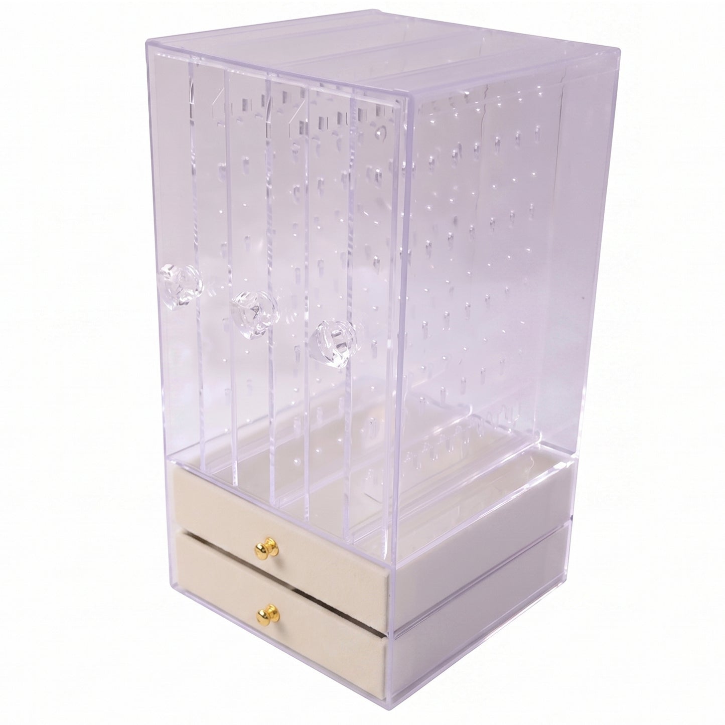 Acrylic Jewelry Organizer Box, 3 Hanging Panels and 2 Drawers for Earrings (1 Set)