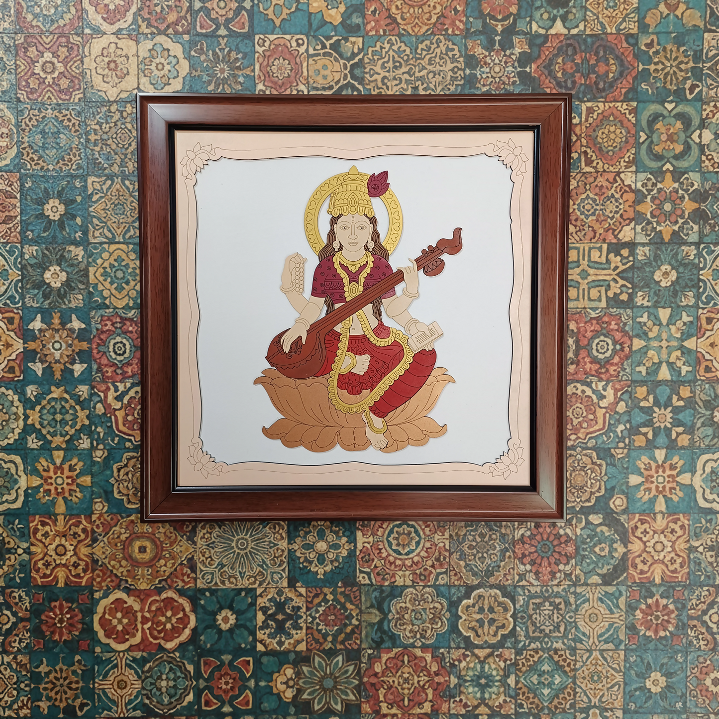 Goddess Saraswati Wooden Framed Wall Art | Handcrafted Hindu Religious Painting for Home, Office & Pooja Room | Premium Spiritual Decor