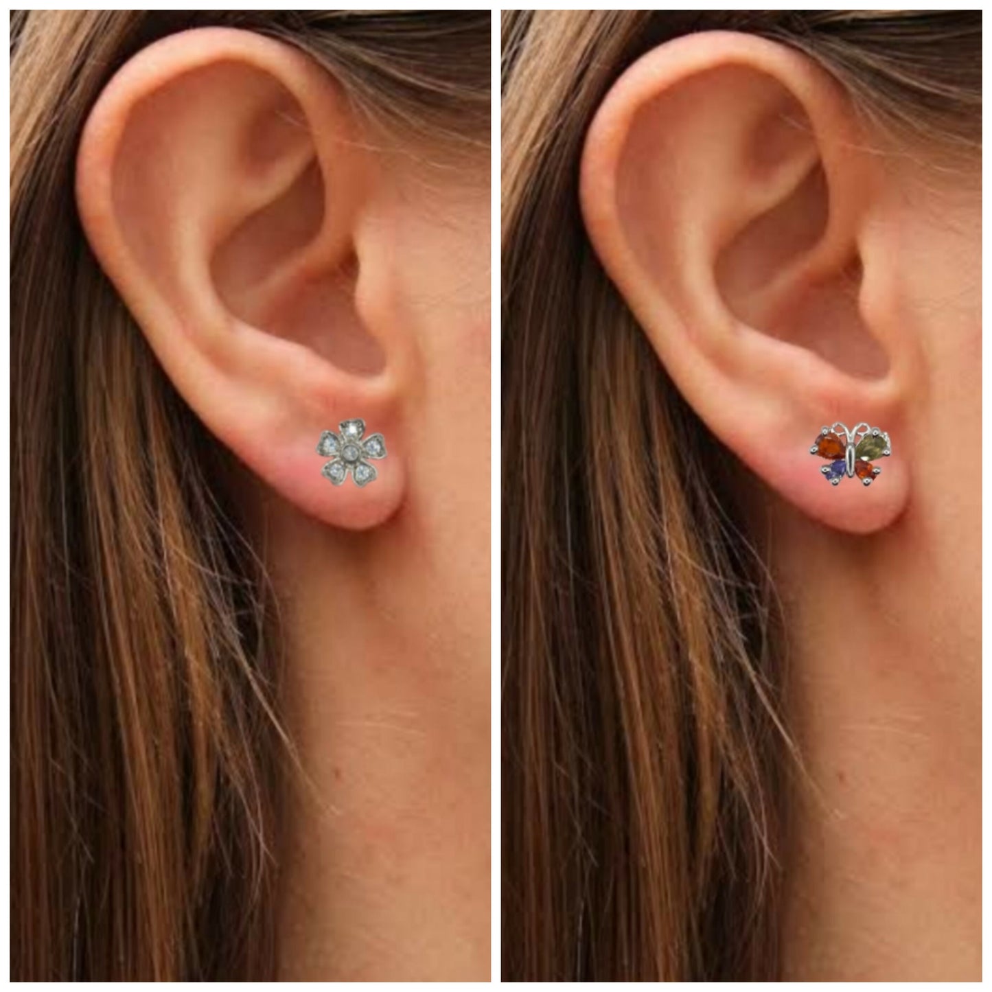 Close-up of multi-color butterfly stud earrings with cubic zirconia stones
