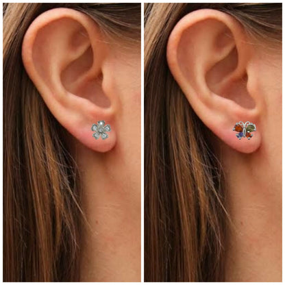 Close-up of multi-color butterfly stud earrings with cubic zirconia stones