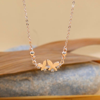 Rose Gold Double Butterfly Necklace | Dainty Zirconia Pendant