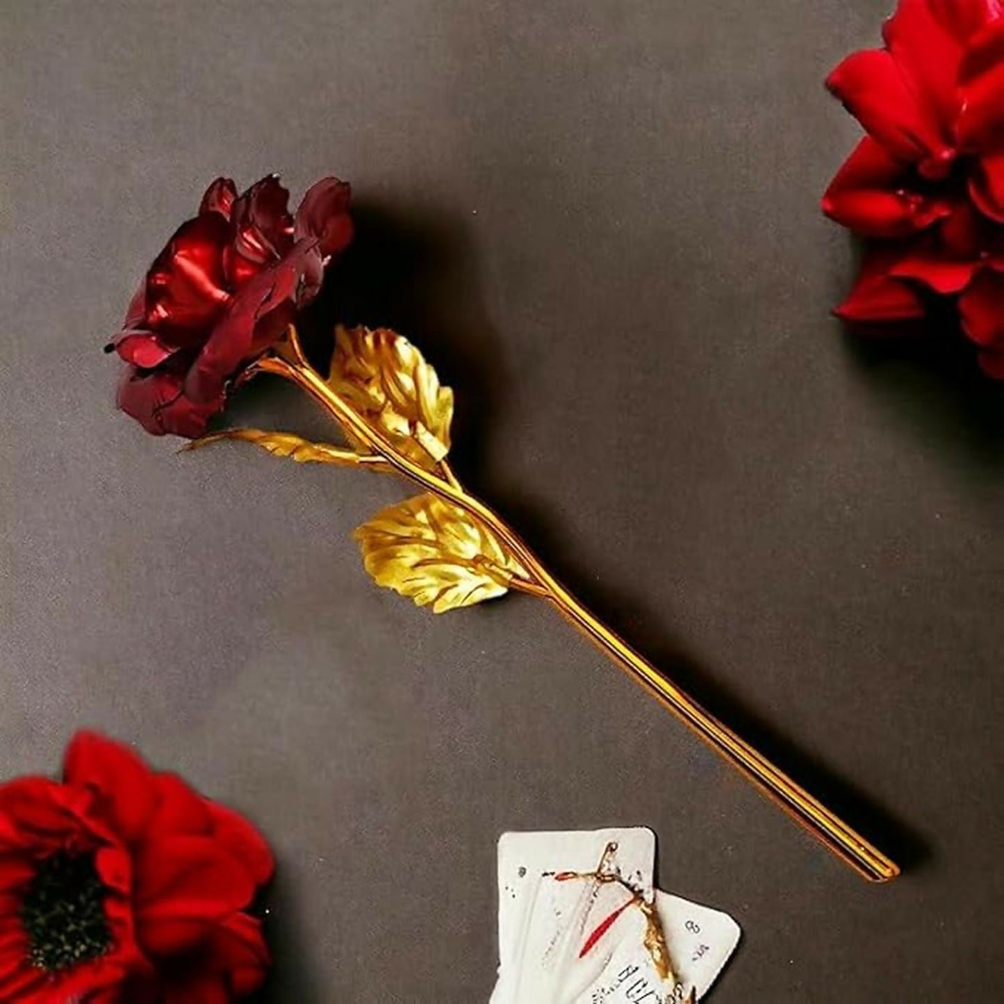 Luxury 24K Gold Plated Artificial Rose Set of 3 | Red & Gold Eternal Roses for Love Gift, Anniversary, Valentine’s Day & Home Décor | Metal Stem Romantic Gifting Flower Set with Gift Box