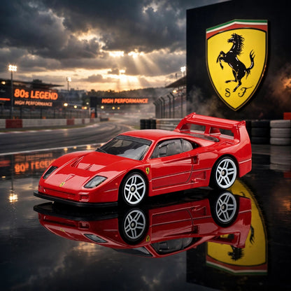 A vibrant red Hot Wheels Ferrari with a large rear spoiler and white wheels, on a wet reflective surface with a racetrack,