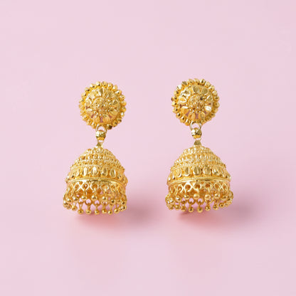 Gold plated ethnic jhumka earrings with circular stud and dome shape