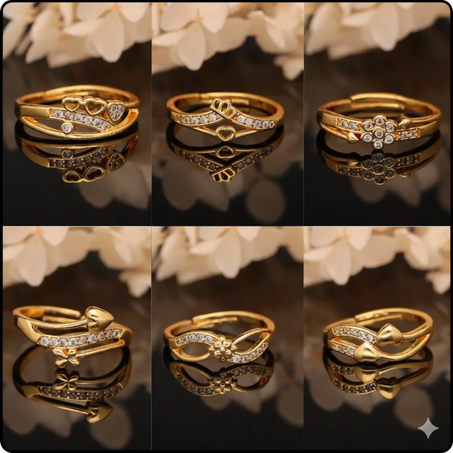 Elegant Finger Ring Set for Women, Made of Brass with Diamond Detailing Gold Plating (Pack of 6)