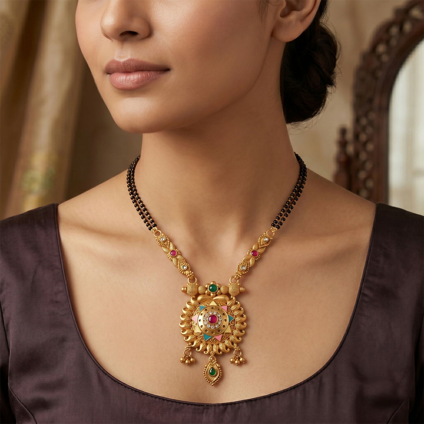 Antique Finish Sun Wheel Pendant with Multi-Petal Enamel Double Strand Mangalsutra