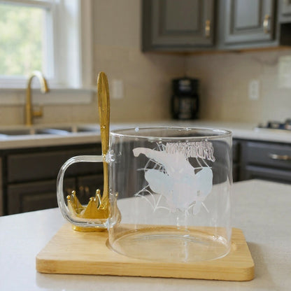 Glass Coffee Mug with Wooden Tray, Spoon & Crown Holder Set (Design may vary)