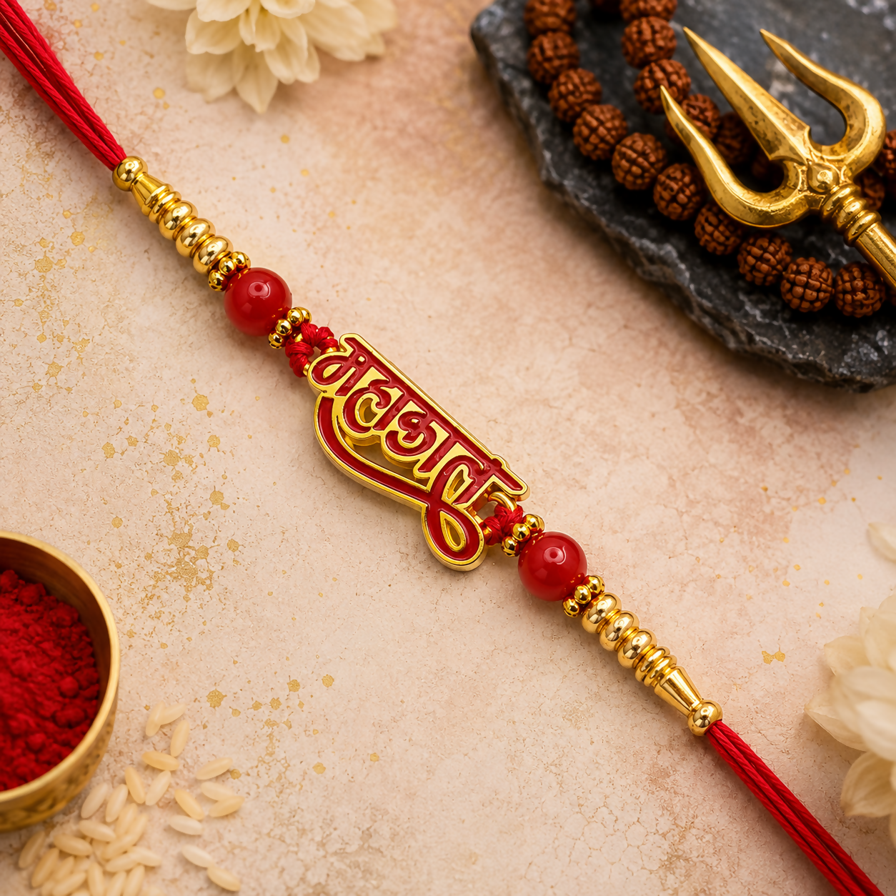 A red thread with a gold and red Mahakal calligraphy charm, flanked by red beads and gold accents, rests on a textured