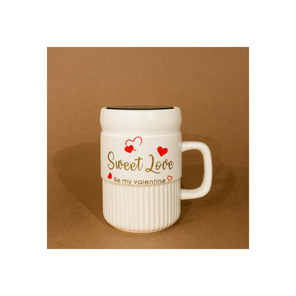 Premium Sweet Love Ceramic Mug with Lid & Spoon | Romantic Valentine Gift Cup for Couples | Leak-Resistant Lid, Large Capacity Coffee/Tea Mug | “Sweet Love” & “You & Me” Printed Heart Design | Microwave Safe | Ideal for Gifting