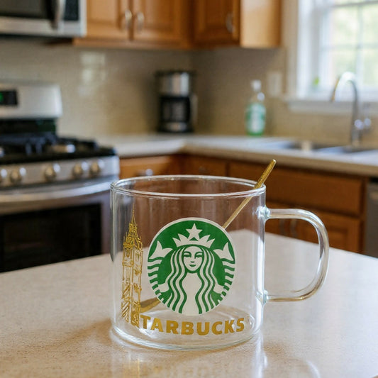 Clear Glass Coffee Mug Set with Wooden Tray and Spoon