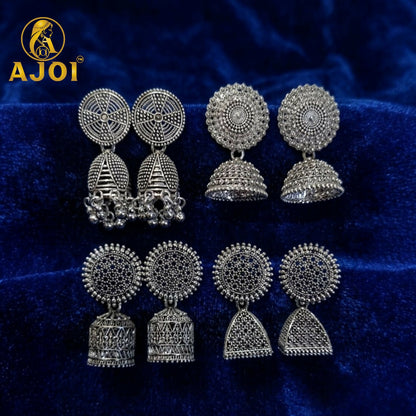 Traditional Oxidized Silver Jhumka Earrings Set of 4