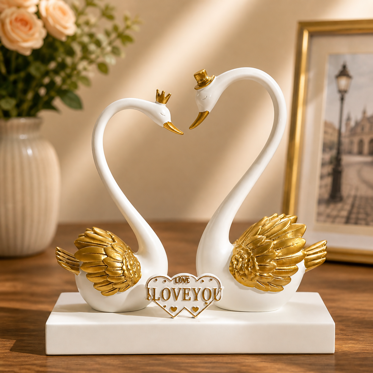Romantic swan couple figurine display