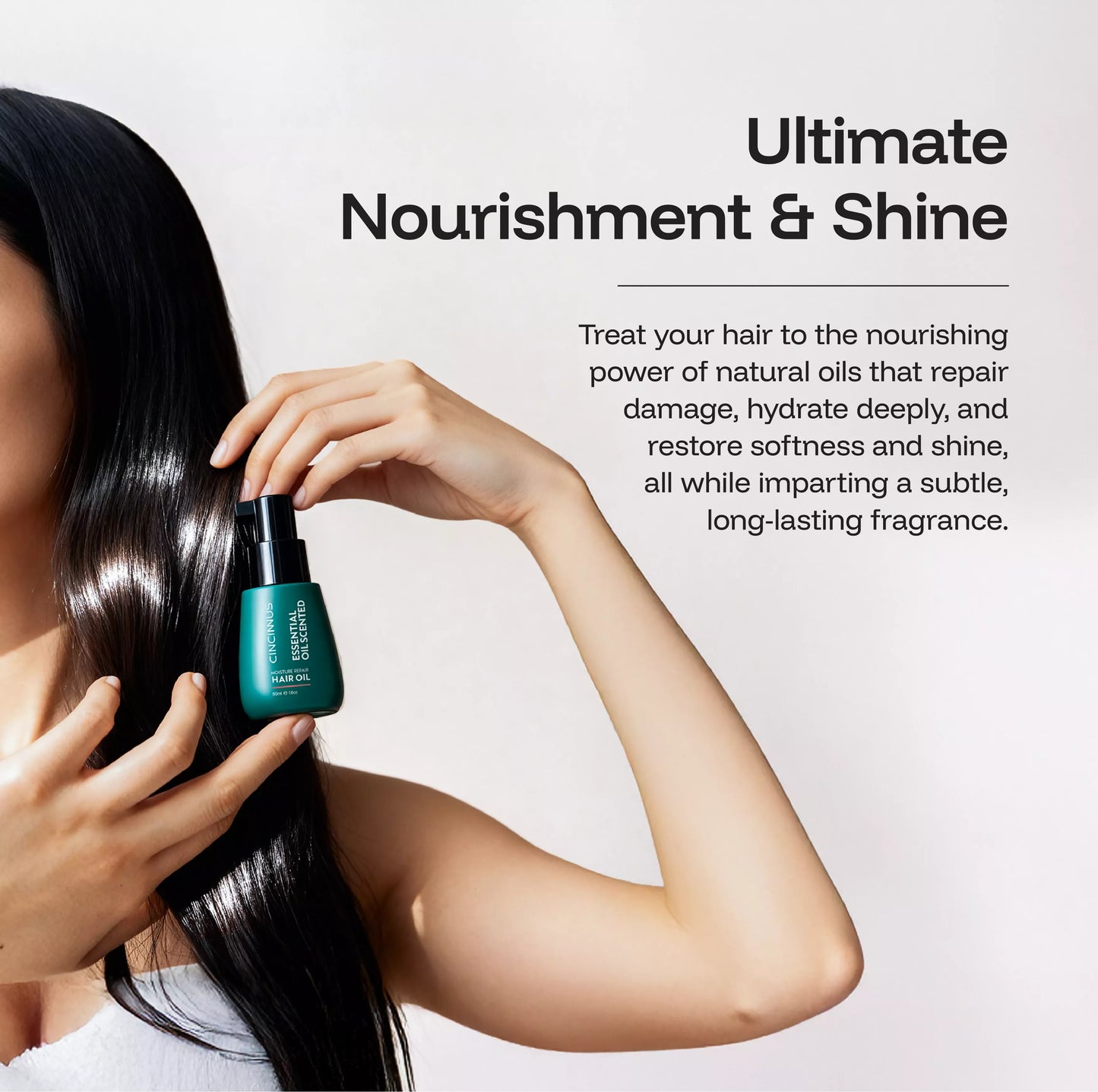 Close-up of CINCINNUS hair oil with natural essential oils ingredients in focus