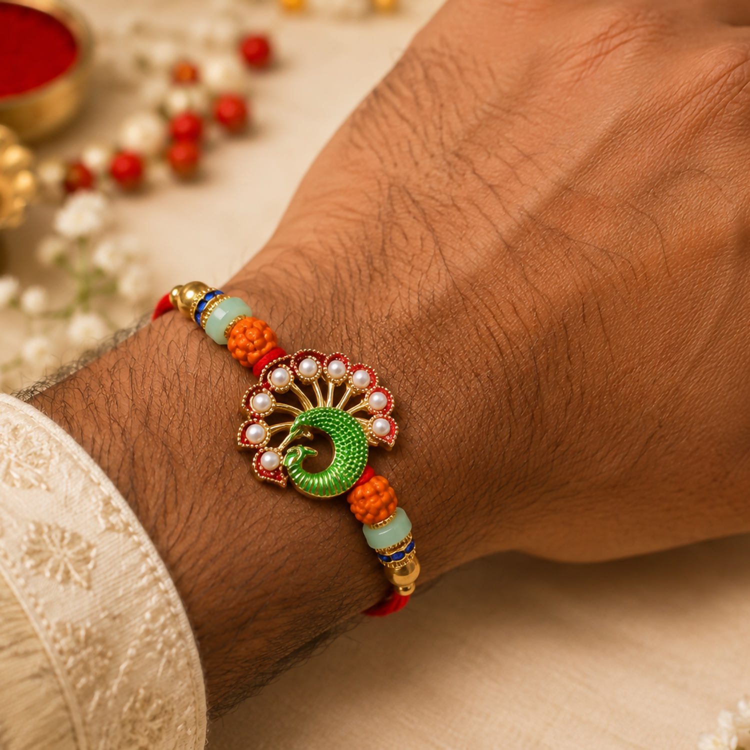 A man's wrist wears a red thread bracelet with a green peacock charm, orange and light green beads, and gold accents.