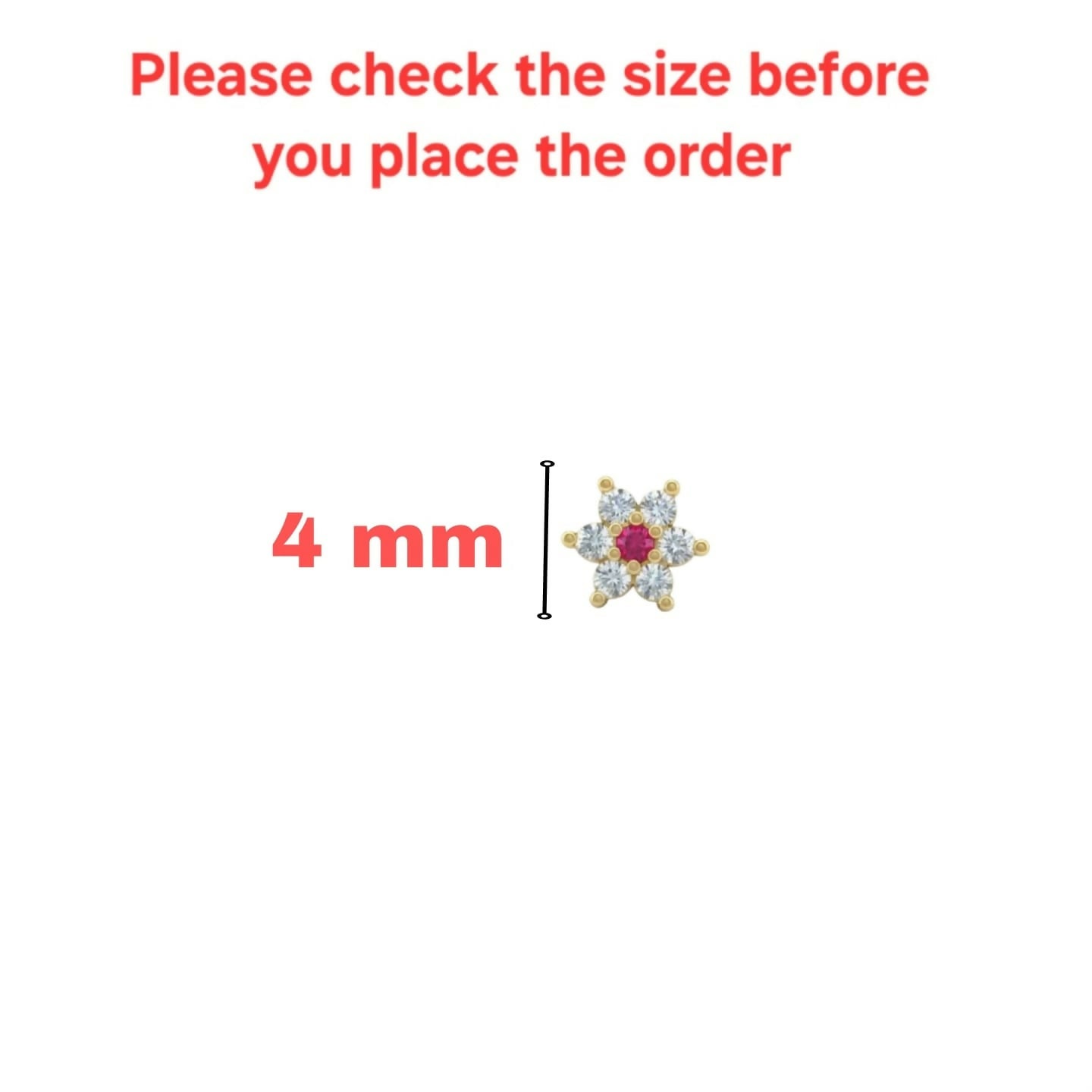 Gold plated flower nosepin studs with ruby and cubic zirconia on white background
