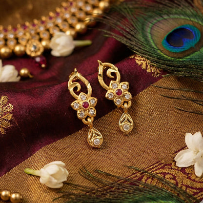 Traditional Floral Gold Earrings With Ruby Center Stone And Leaf Shaped Drop Detail