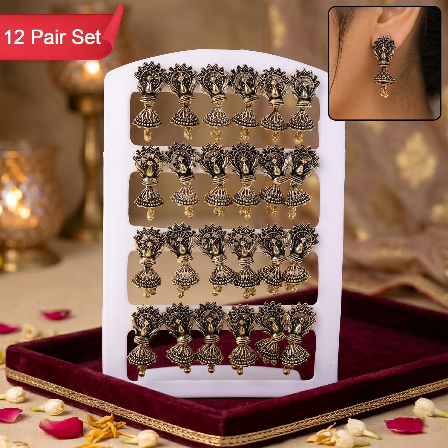 12 Pair Oxidised Floral Leaf Jhumka Earrings Set for Women