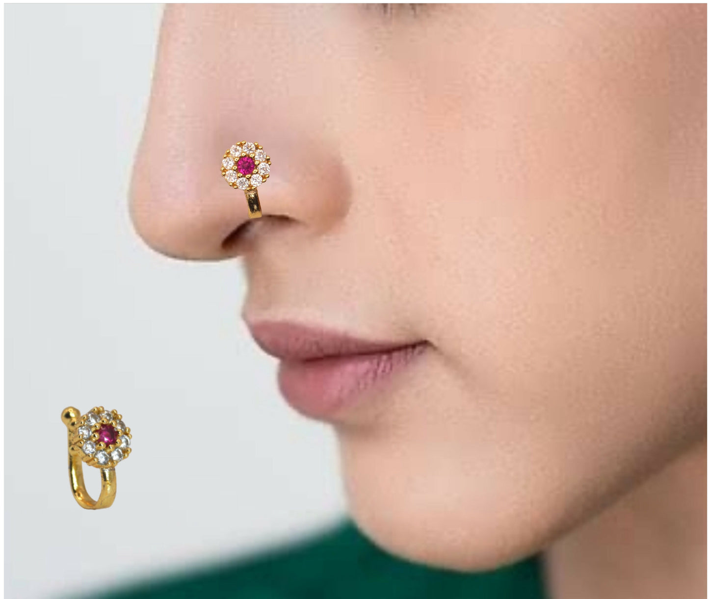 Gold Plated Floral Clip-On Nose Pin | Red & White Stone