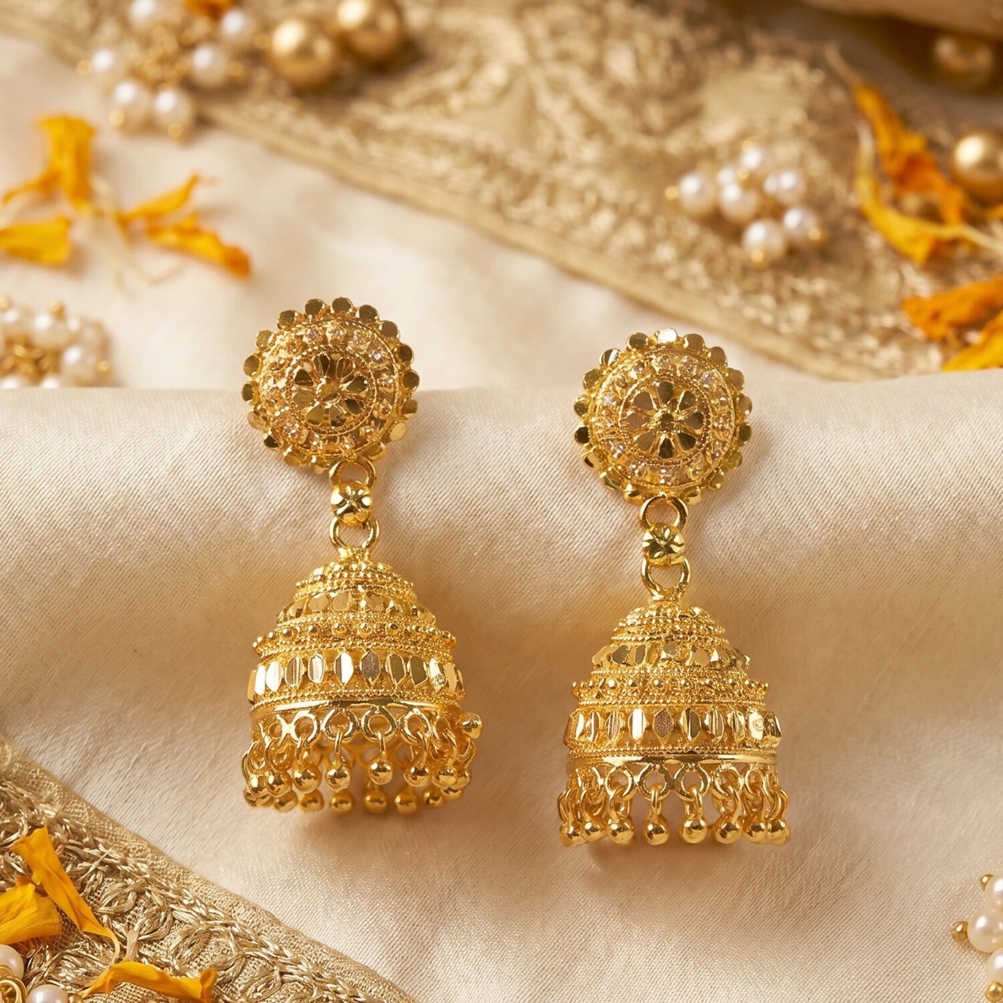 Side view of gold jhumka earrings with intricate design