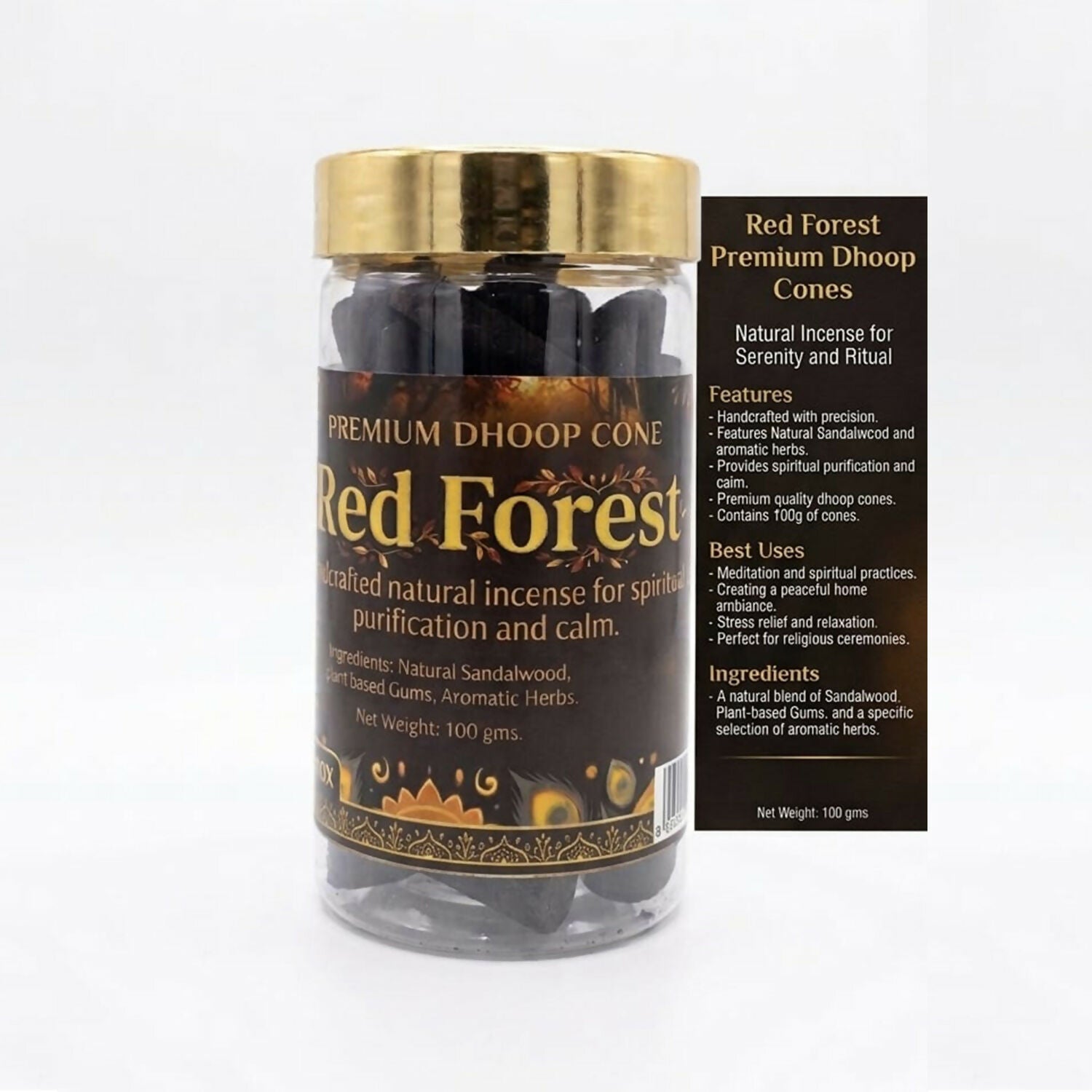 Shreeji Red Forest Dhoop Cones packaging and jar