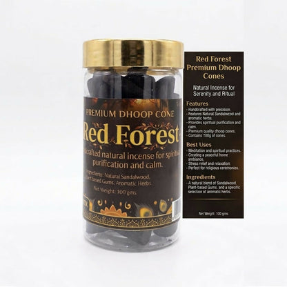 Shreeji Red Forest Dhoop Cones packaging and jar