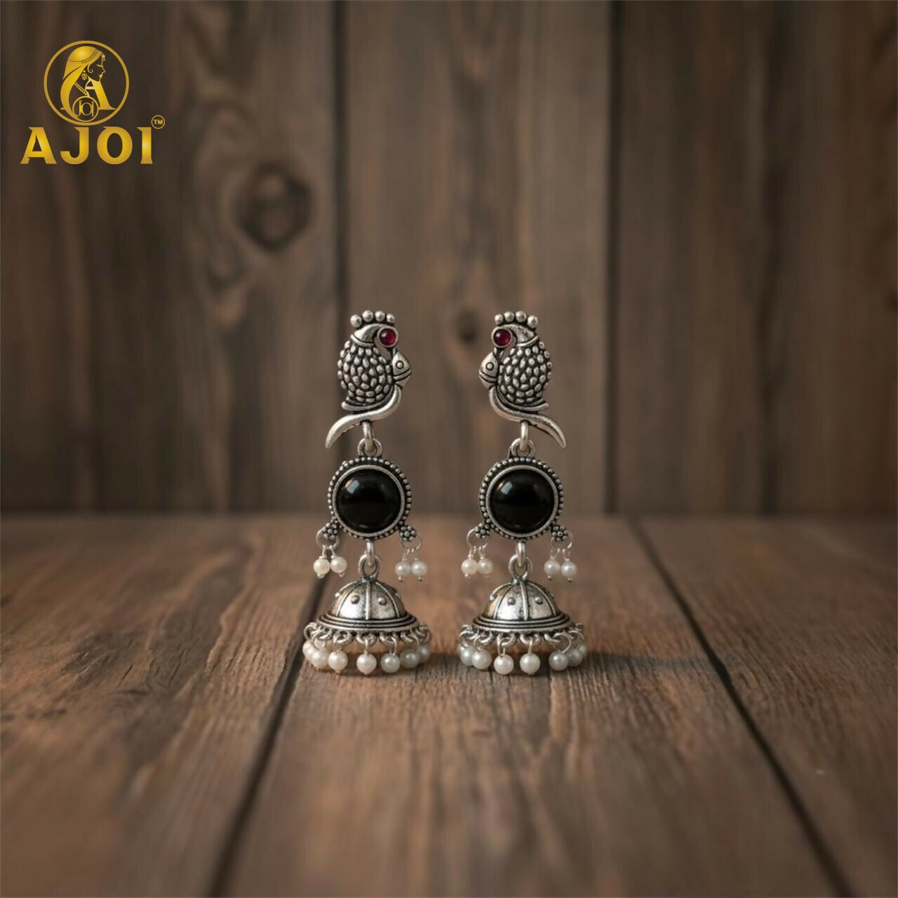 Moonlit Black Stone Peacock Earrings – Oxidized Silver Finish