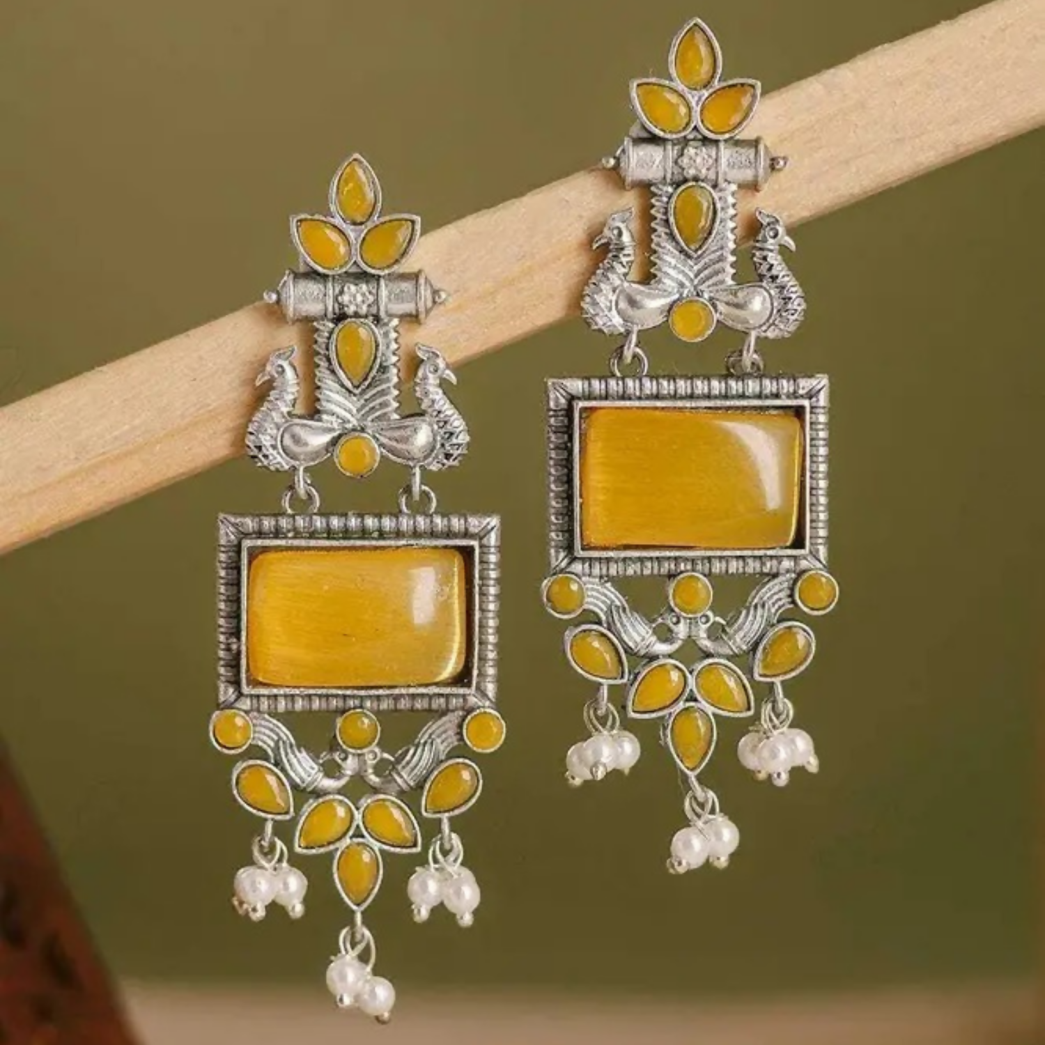 Traditional Oxidized Silver Yellow Stone Pearl Drop Earrings