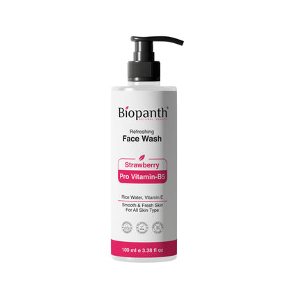 Refreshing face wash with strawberry and pro vitamin B5 in a bottle