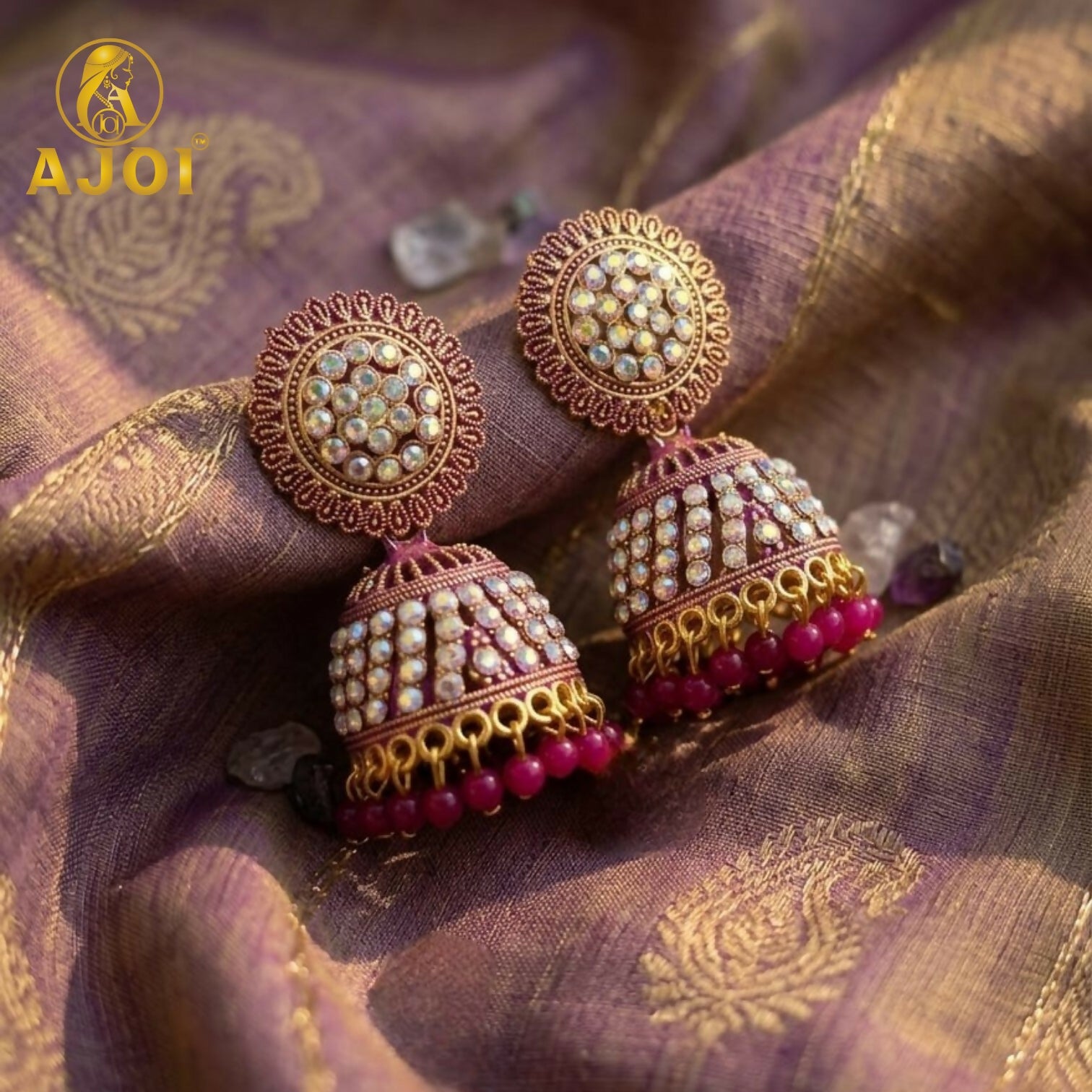 Elegant Pearl Studded Jhumka Earrings with Pink Beads Traditional