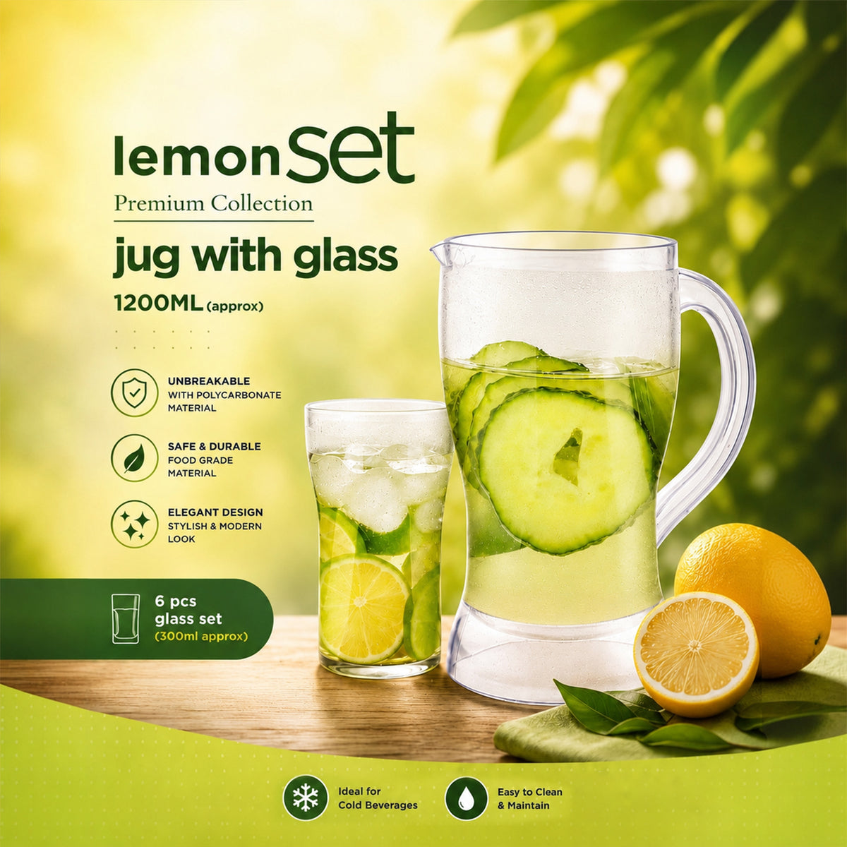 Lemon Jug Set – 1200ML Unbreakable Jug with 6 Glasses