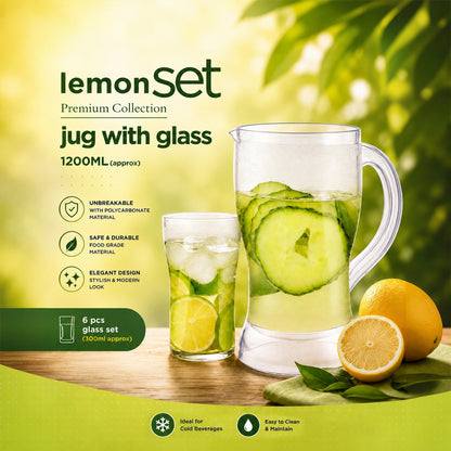 Lemon Jug Set – 1200ML Unbreakable Jug with 6 Glasses