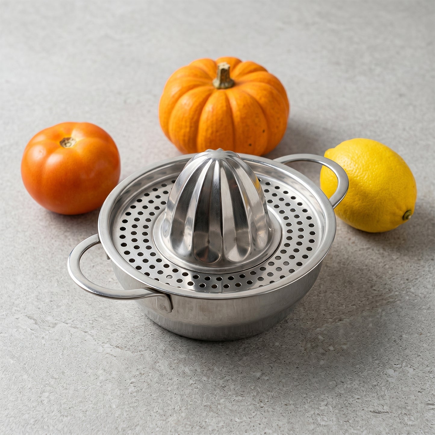 Multiple perspectives of the stainless steel manual citrus juicer showcasing its features.