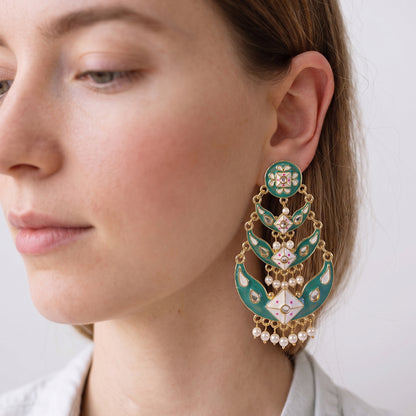 Detailed meenakari artwork on Emerald Pista earrings