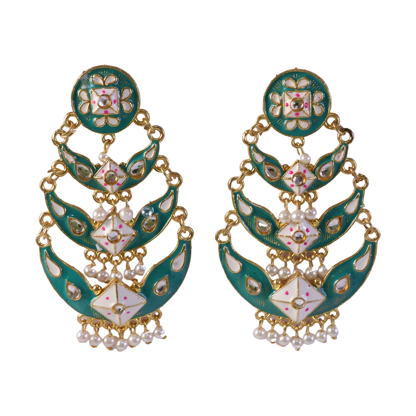 Close-up of kundan-style stones on Emerald Pista earrings