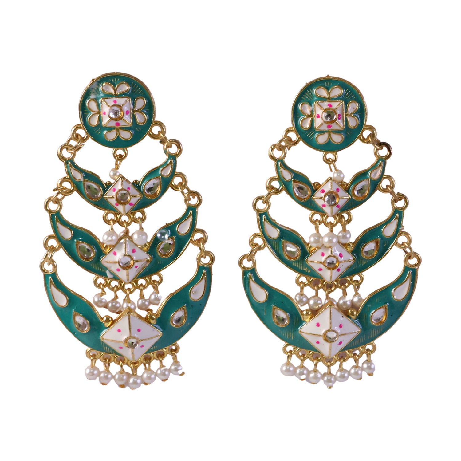 Close-up of kundan-style stones on Emerald Pista earrings