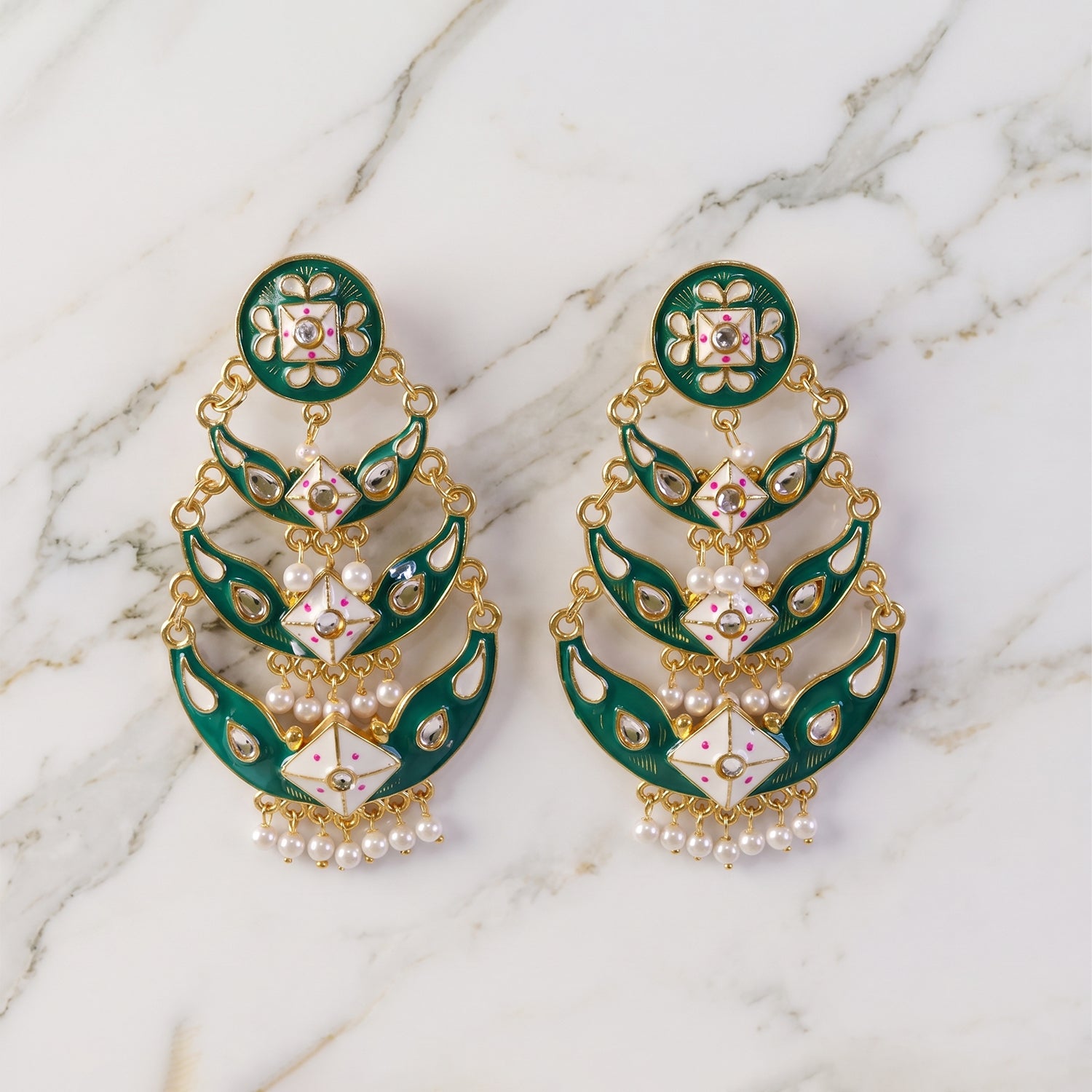 Emerald green enamel and pearl drop details