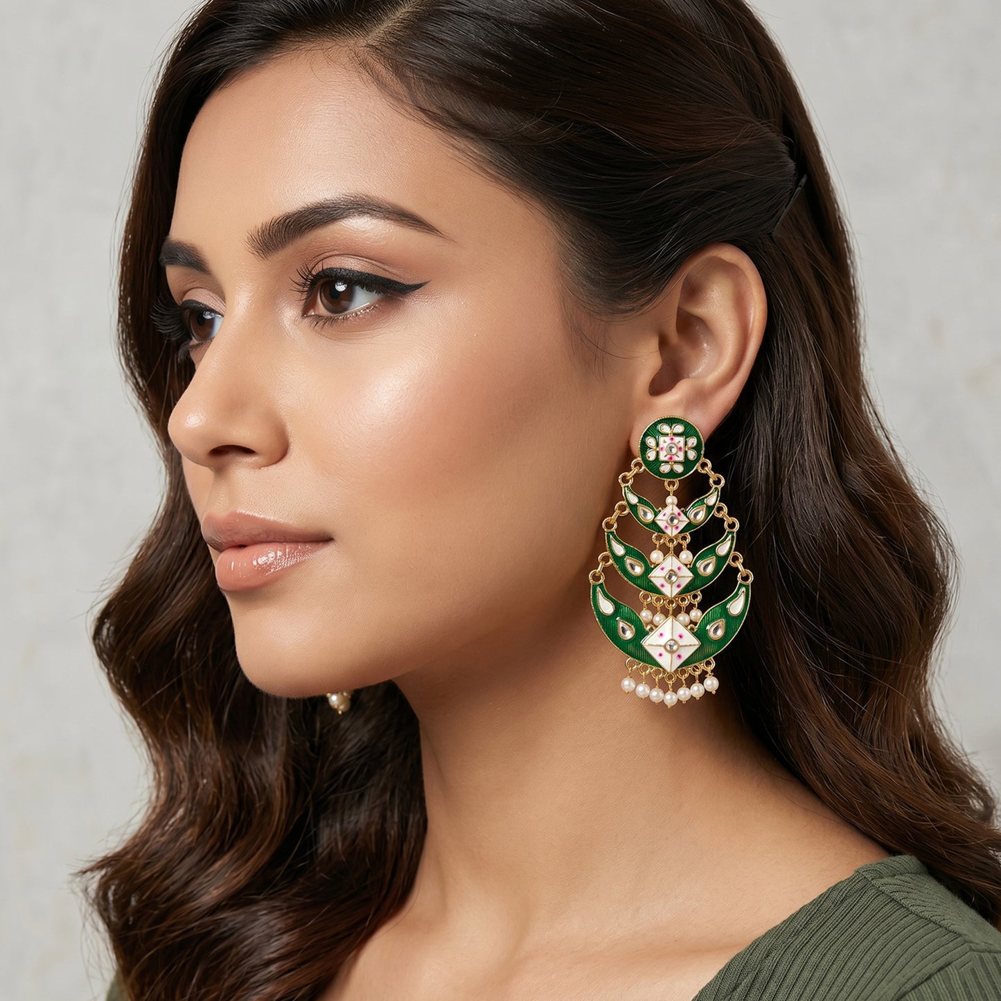 Side Angle of Sea Green Meenakari Chandbali Earring