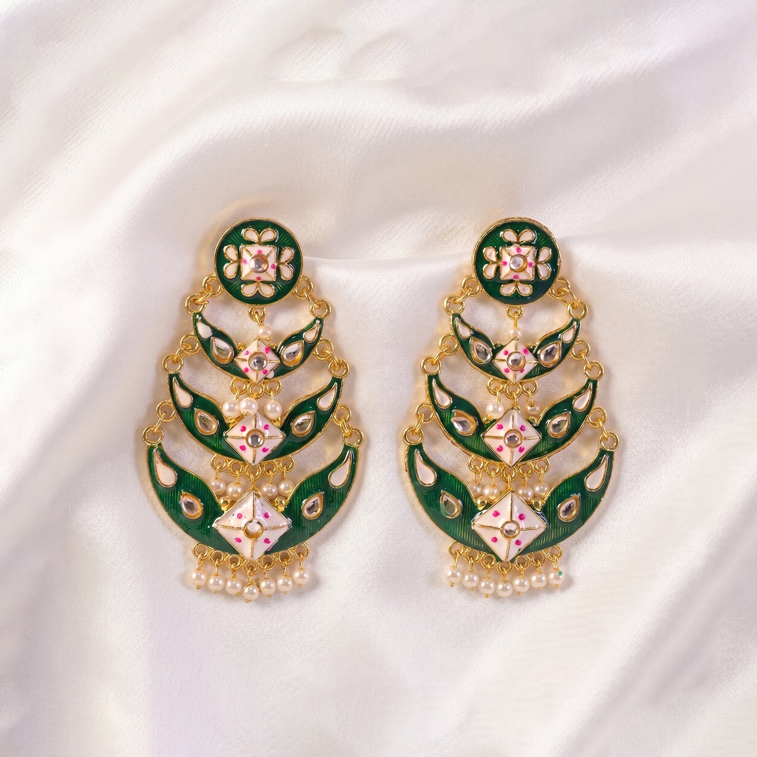 Sea Green Meenakari Chandbali Earring Styled with Traditional Outfit
