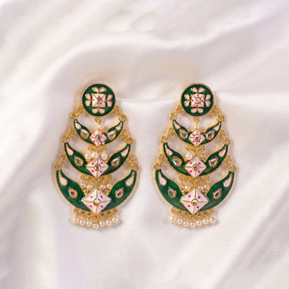 Sea Green Meenakari Chandbali Earring Styled with Traditional Outfit