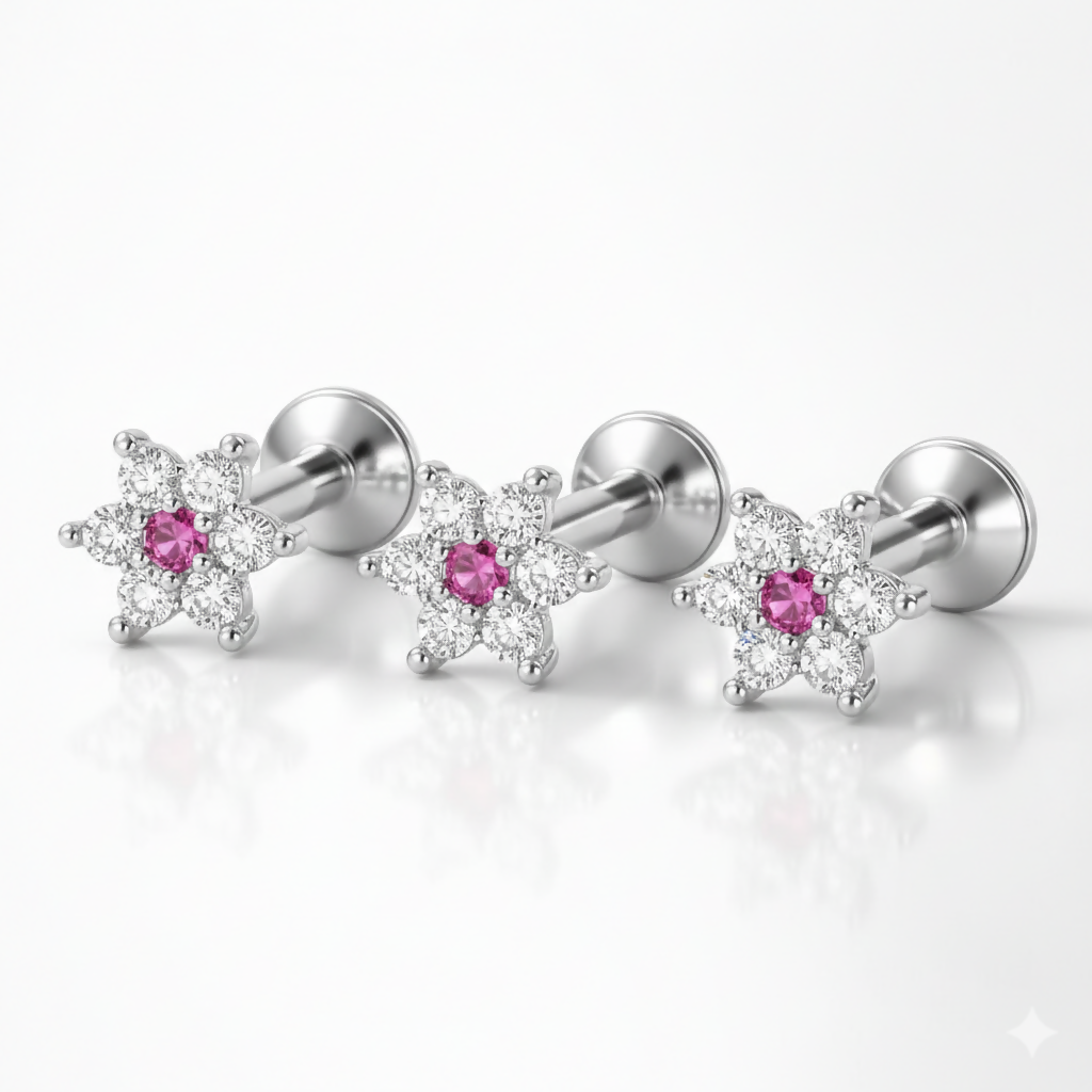 Silver Plated Ruby Flower Flat Back AD Nosepin Stud Combo Pack of 3