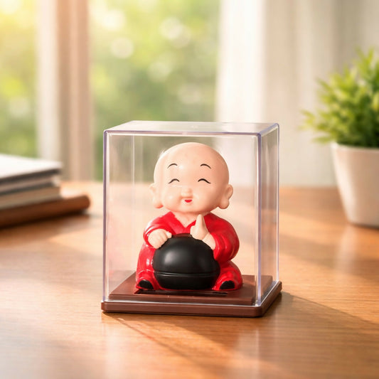 Laughing Buddha Idol in Transparent Display Box for Home & Office Decor (1 PC SOLAR POWERED)